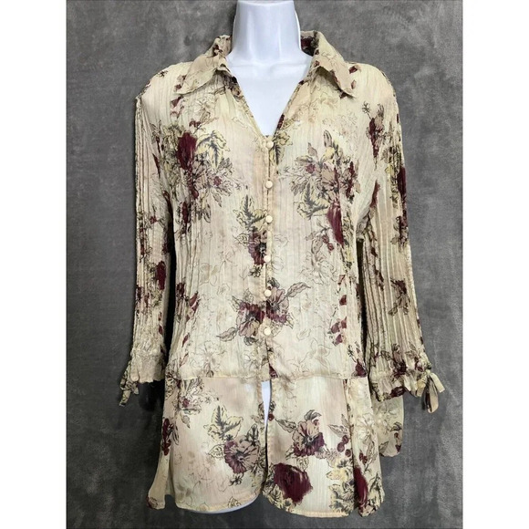 Lloyd Williams Button Down Blouse XL Sheer Vintage Floral Ruffle Accordion Pleat - Picture 1 of 6